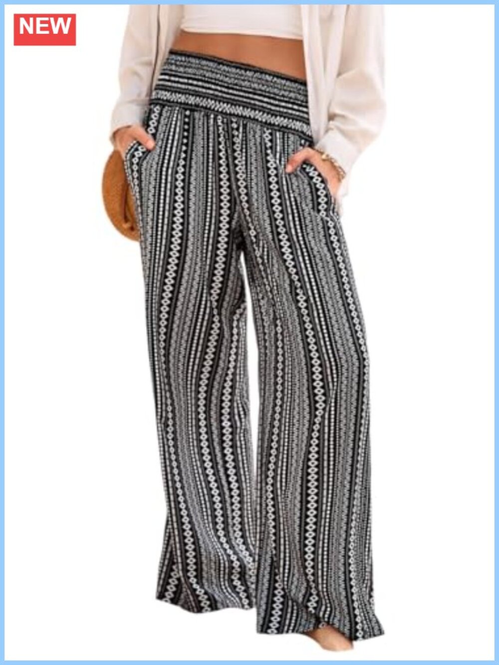 Wide Leg Palazzo Pants with Pockets Smocked Waist Boho Casual Rayon